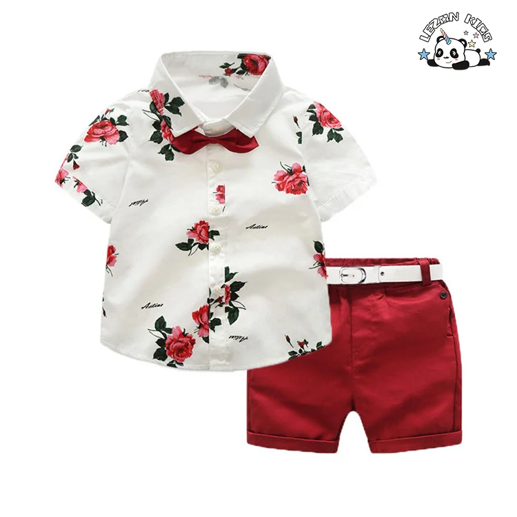 LEZONKIDS - Boy Clothes Flower Tie Shirt + Shorts 2PCS Gentleman Suit Summer Boy Costume Suit Fashion Boy Costume Suit